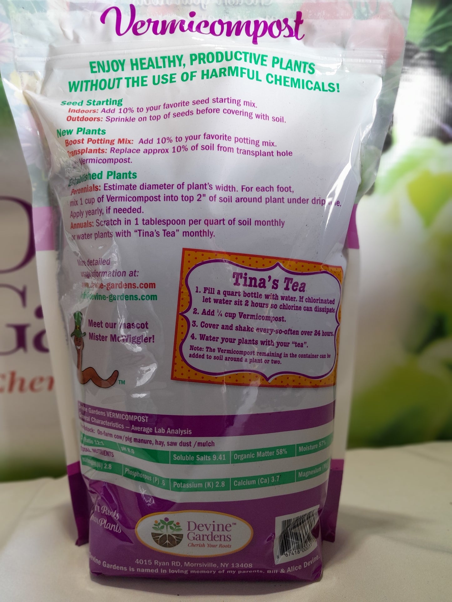 Back of 4 quart bag Devine Gardens worm castings vermicommpost