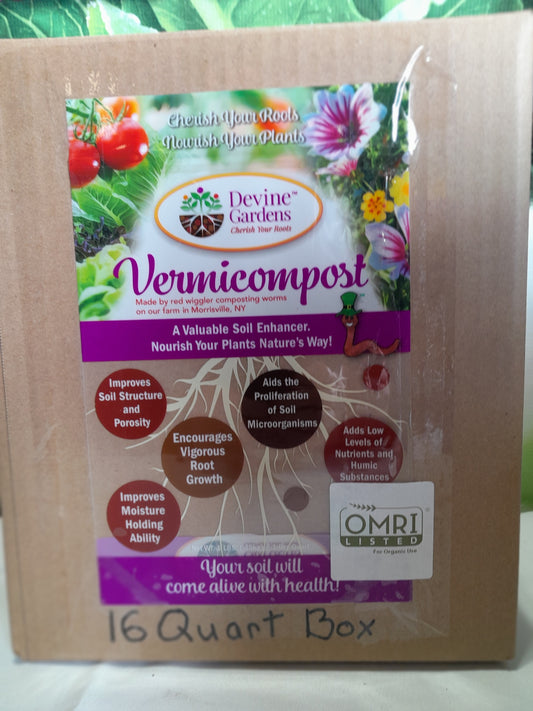 Front of 16 quart box Devine Gardens vermicompost worm castings