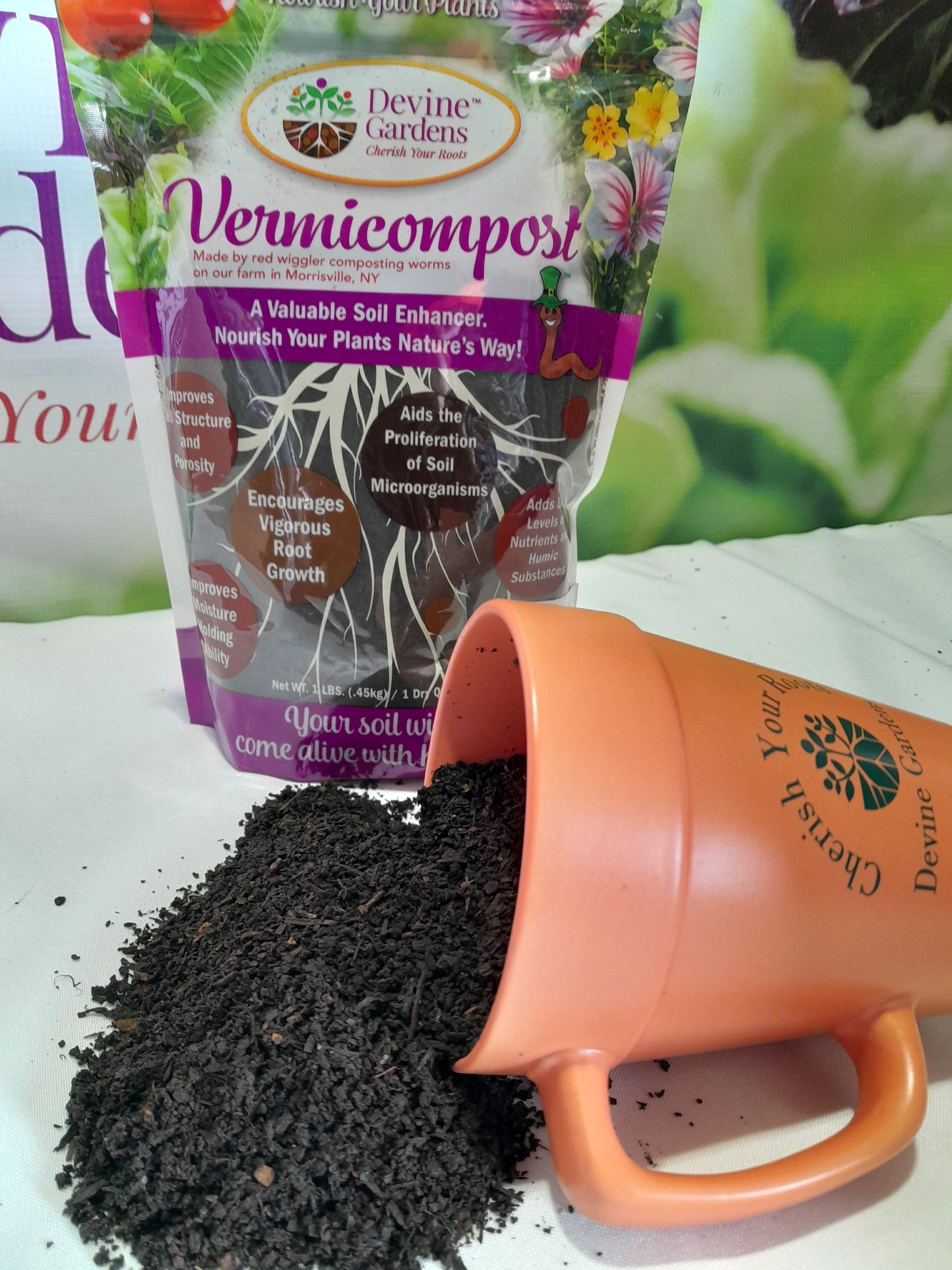 One quart bag Devine Gardens worm castings vermicompost with sample