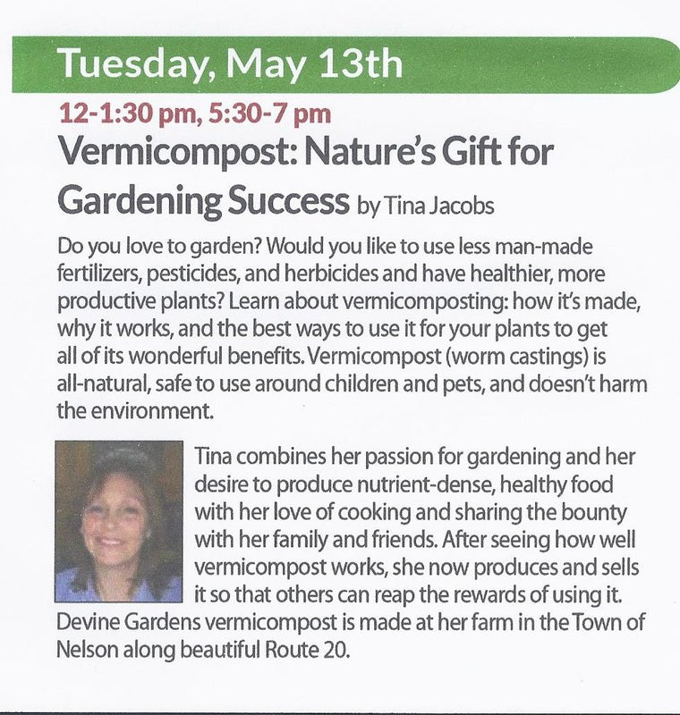 Devine Gardens will be at Natur-Tyme tomorrow, May 13th